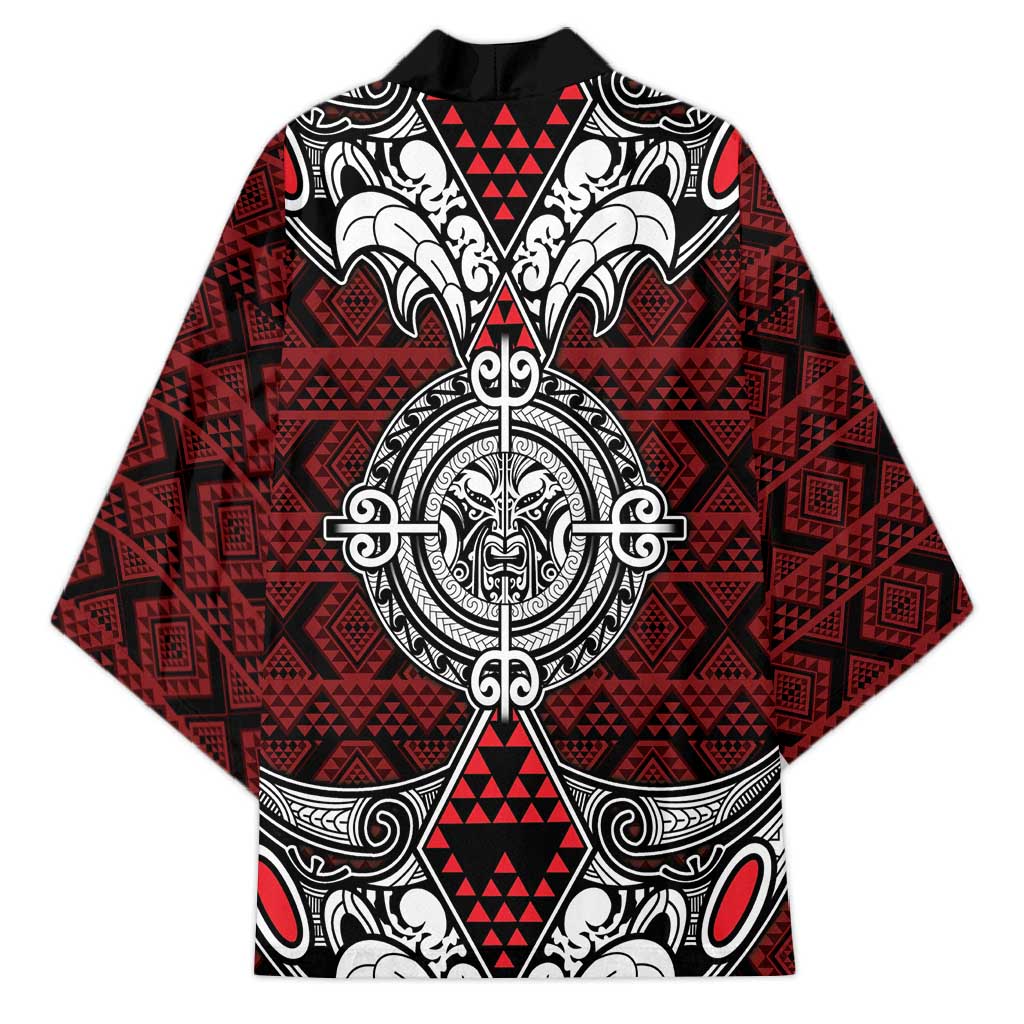 Red Aotearoa Taniko Motif Kimono Vintage Maori New Zealand Tribal Art Pattern LT9 - Polynesian Pride