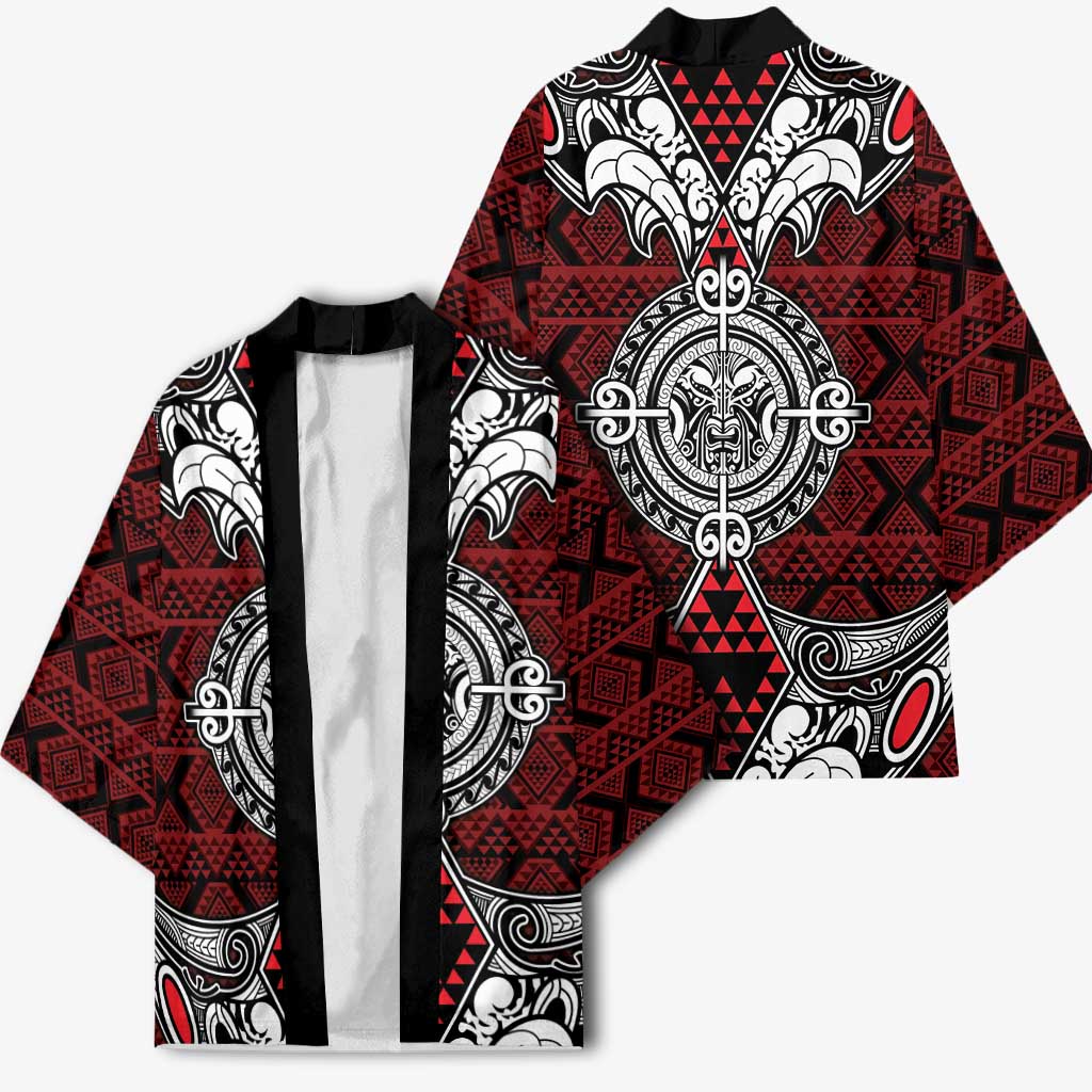 Red Aotearoa Taniko Motif Kimono Vintage Maori New Zealand Tribal Art Pattern LT9 - Polynesian Pride