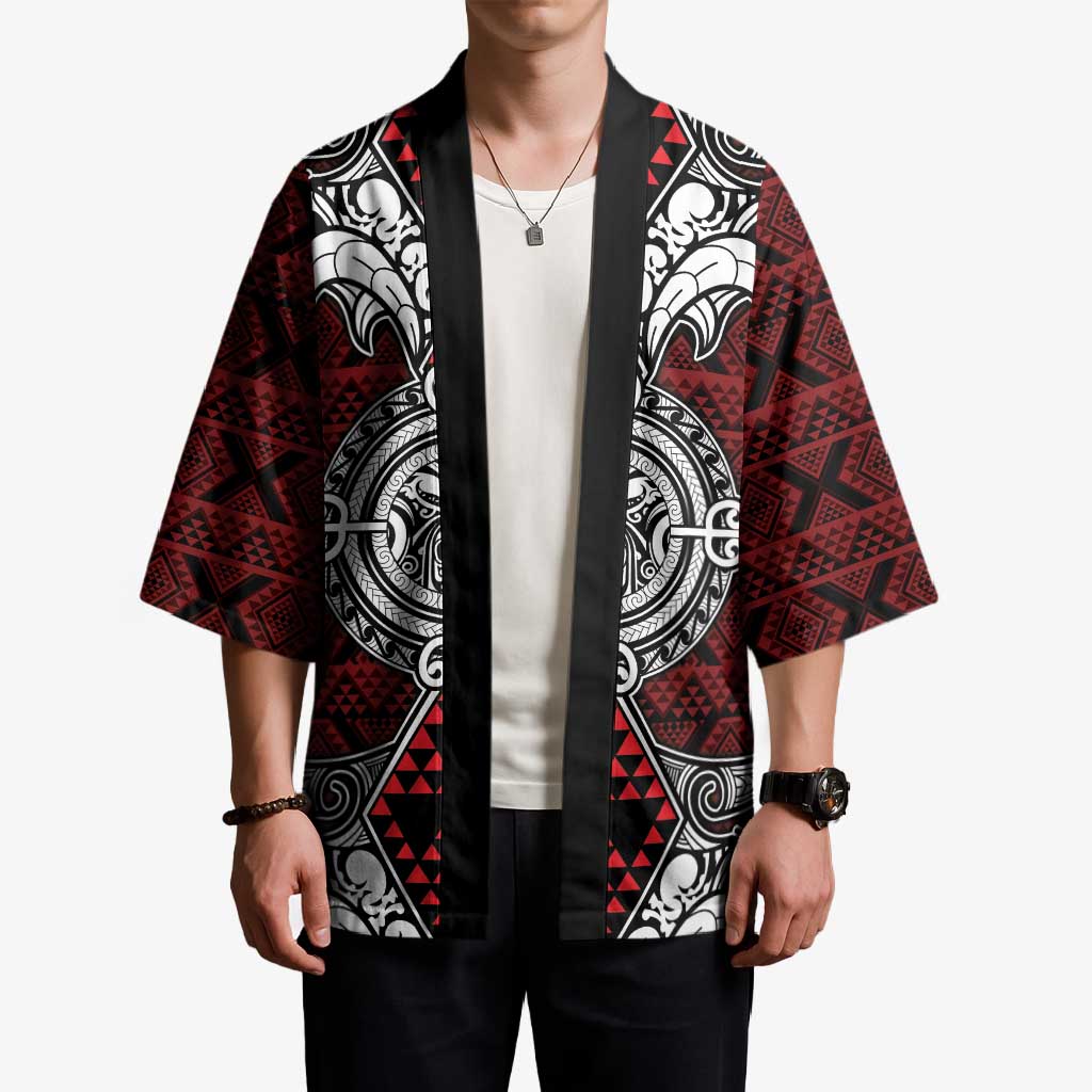 Red Aotearoa Taniko Motif Kimono Vintage Maori New Zealand Tribal Art Pattern LT9 - Polynesian Pride