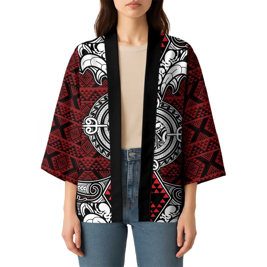 Red Aotearoa Taniko Motif Kimono Vintage Maori New Zealand Tribal Art Pattern LT9 - Polynesian Pride