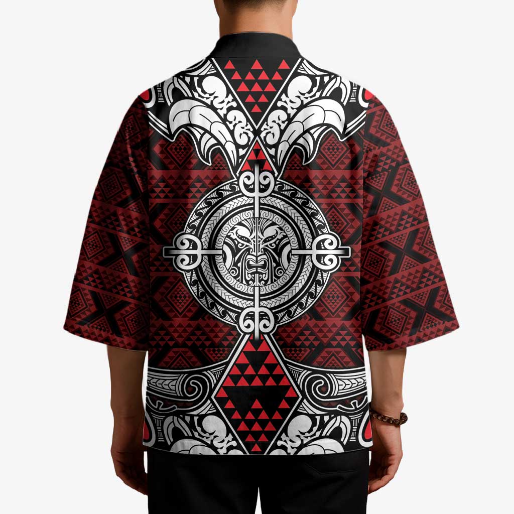Red Aotearoa Taniko Motif Kimono Vintage Maori New Zealand Tribal Art Pattern LT9 - Polynesian Pride