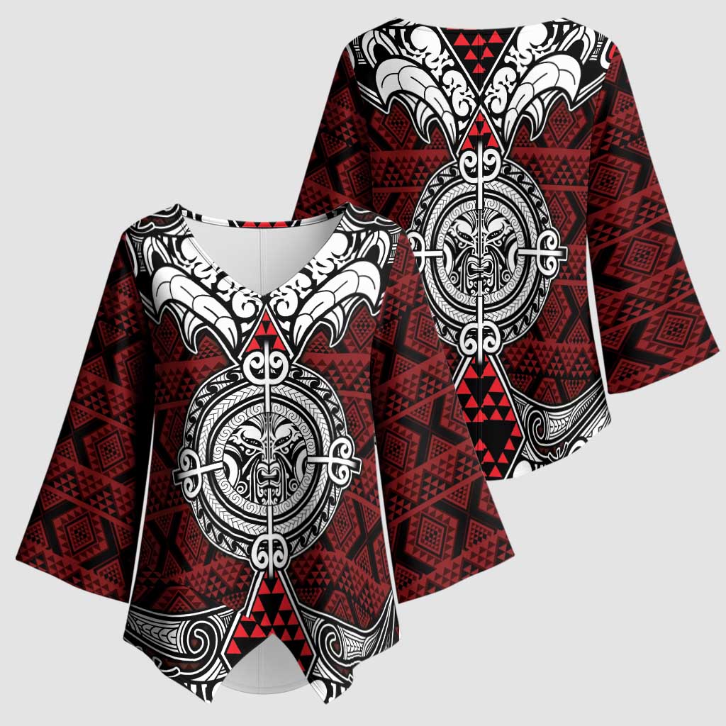 Red Aotearoa Taniko Motif Kimono Sleeve Blouse Vintage Maori New Zealand Tribal Art Pattern LT9 - Polynesian Pride
