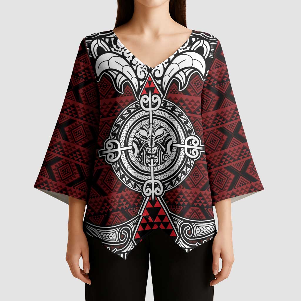 Red Aotearoa Taniko Motif Kimono Sleeve Blouse Vintage Maori New Zealand Tribal Art Pattern LT9 - Polynesian Pride