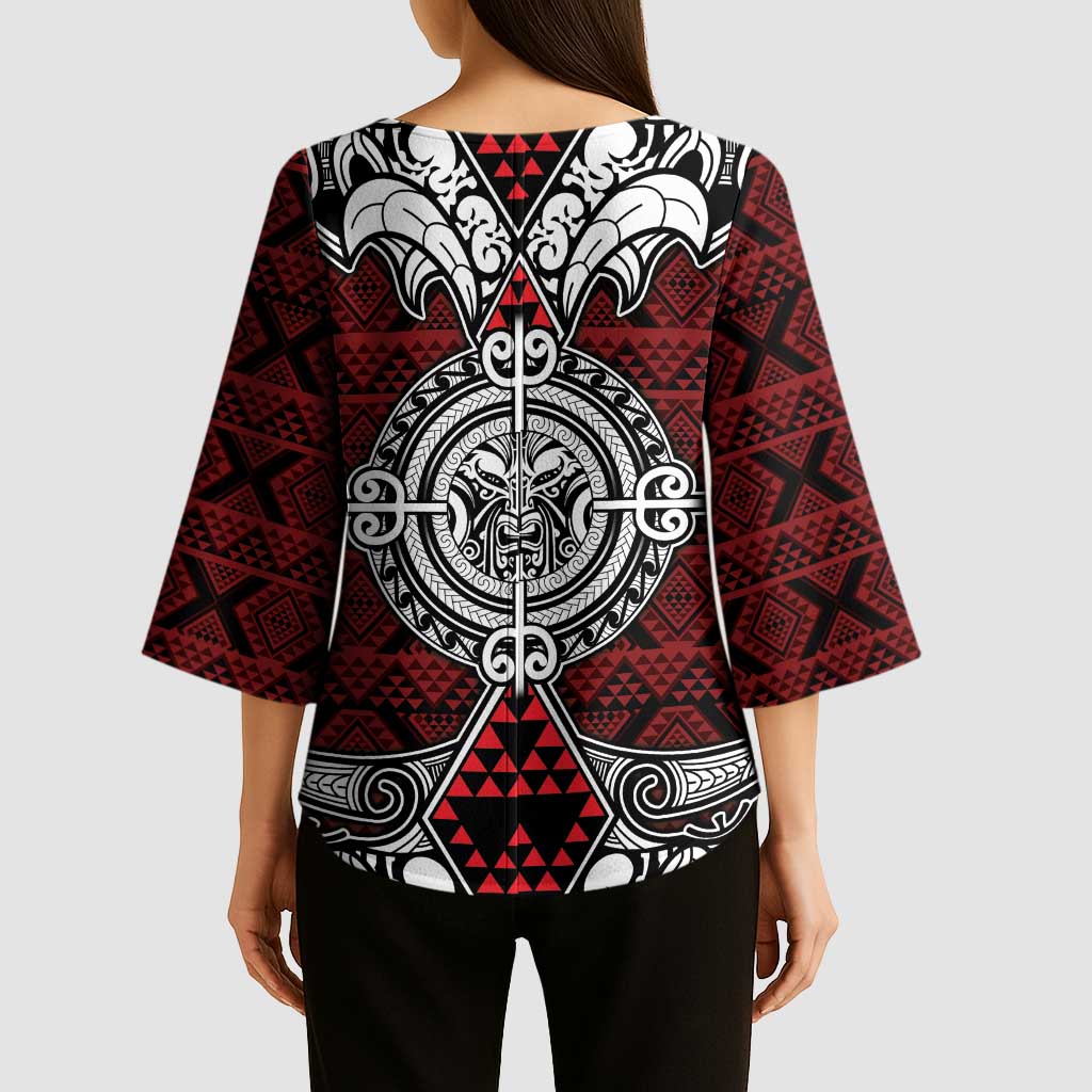 Red Aotearoa Taniko Motif Kimono Sleeve Blouse Vintage Maori New Zealand Tribal Art Pattern LT9 - Polynesian Pride