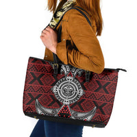 Red Aotearoa Taniko Motif Leather Tote Bag Vintage Maori New Zealand Tribal Art Pattern LT9 Red - Polynesian Pride