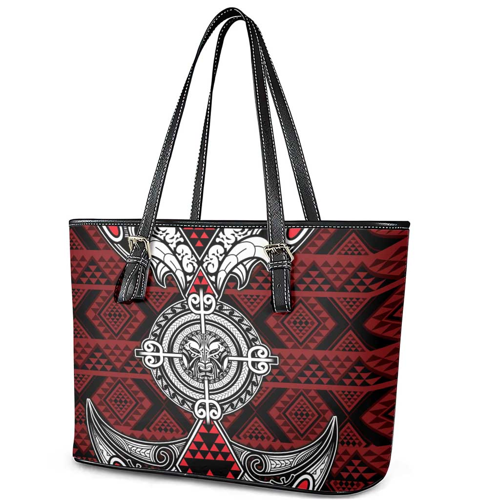 Red Aotearoa Taniko Motif Leather Tote Bag Vintage Maori New Zealand Tribal Art Pattern LT9 - Polynesian Pride