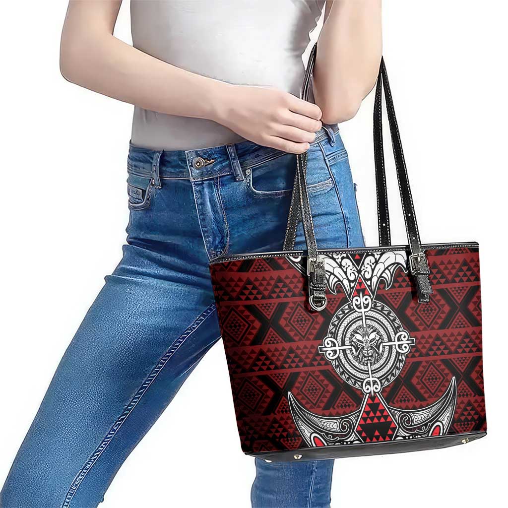 Red Aotearoa Taniko Motif Leather Tote Bag Vintage Maori New Zealand Tribal Art Pattern LT9 - Polynesian Pride