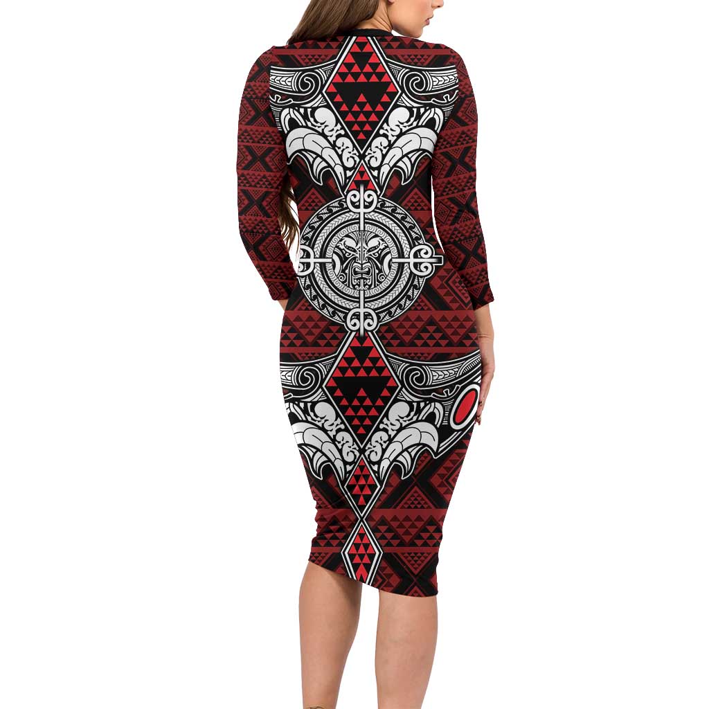 Red Aotearoa Tanilo Motif Long Sleeve Bodycon Dress Vintage Maori New Zealand Tribal Art Pattern LT9 - Polynesian Pride