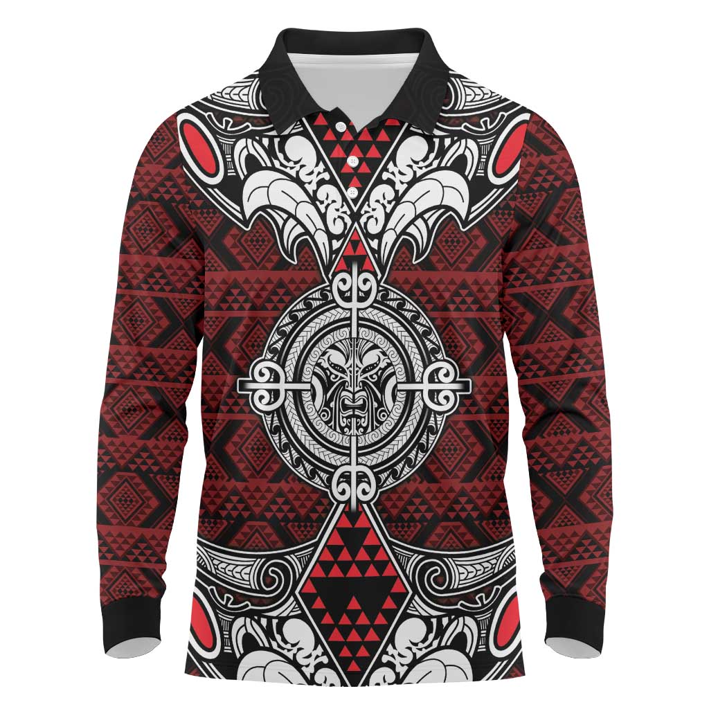 Red Aotearoa Tanilo Motif Long Sleeve Polo Shirt Vintage Maori New Zealand Tribal Art Pattern LT9 Red - Polynesian Pride