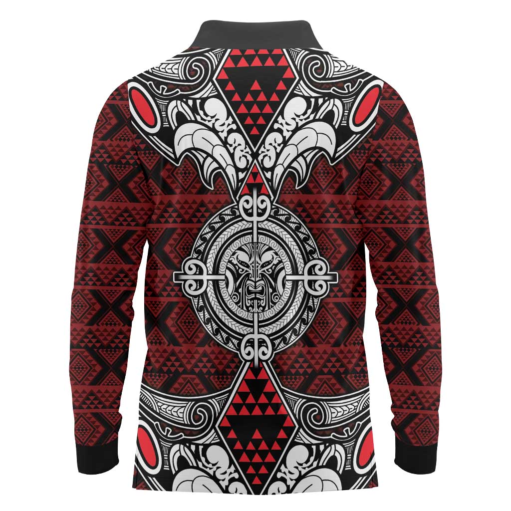 Red Aotearoa Tanilo Motif Long Sleeve Polo Shirt Vintage Maori New Zealand Tribal Art Pattern LT9 - Polynesian Pride