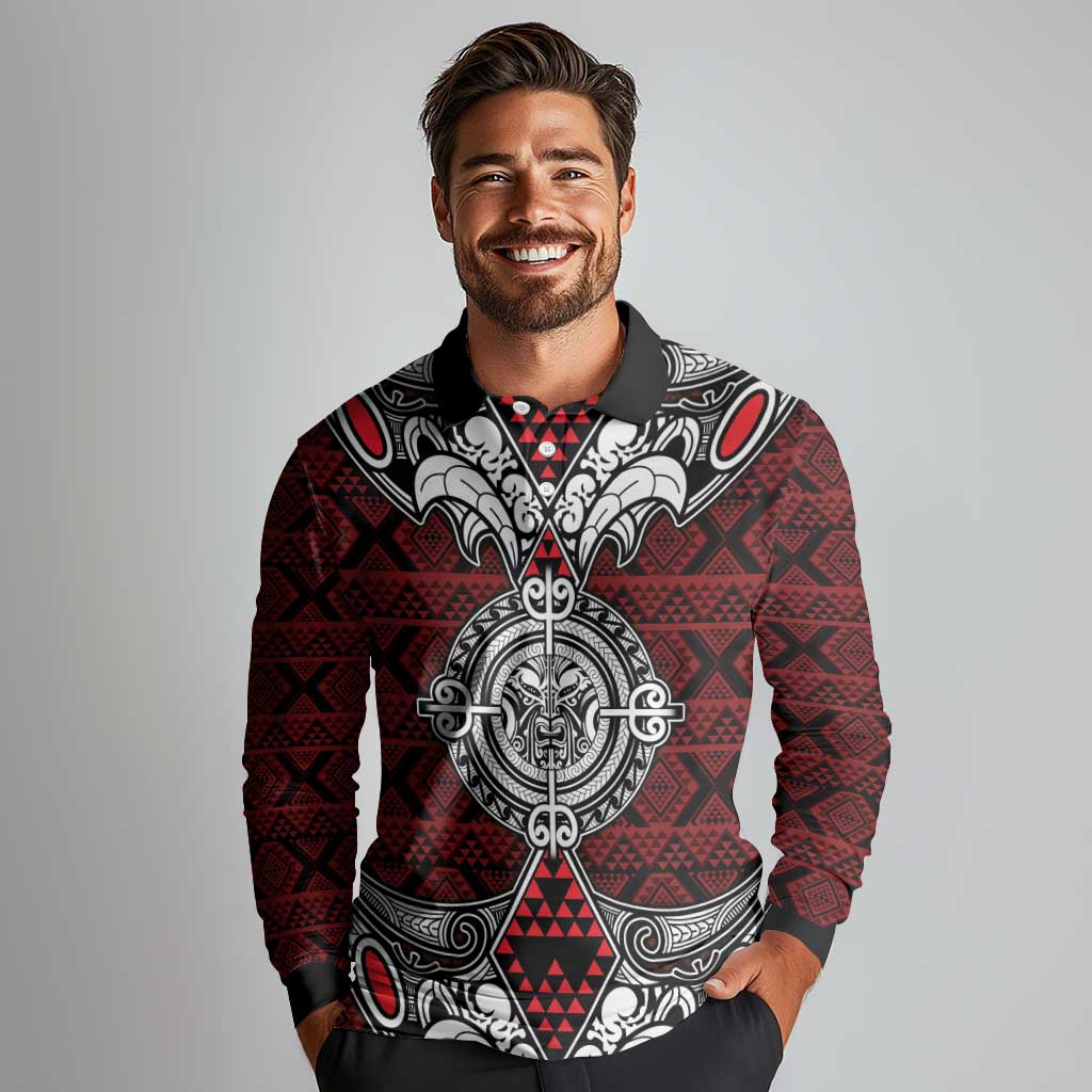 Red Aotearoa Tanilo Motif Long Sleeve Polo Shirt Vintage Maori New Zealand Tribal Art Pattern LT9 - Polynesian Pride