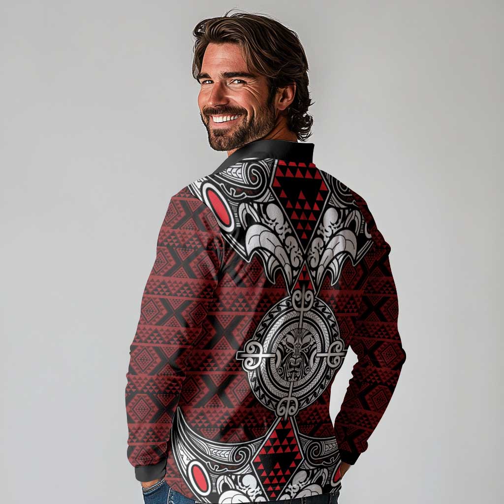 Red Aotearoa Tanilo Motif Long Sleeve Polo Shirt Vintage Maori New Zealand Tribal Art Pattern LT9 - Polynesian Pride