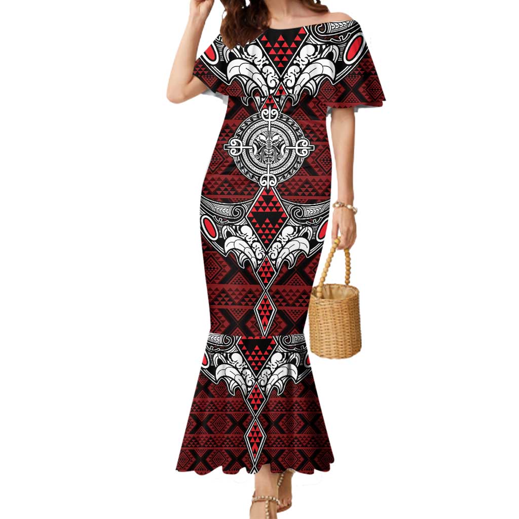 Red Aotearoa Tanilo Motif Mermaid Dress Vintage Maori New Zealand Tribal Art Pattern LT9 Women Red - Polynesian Pride