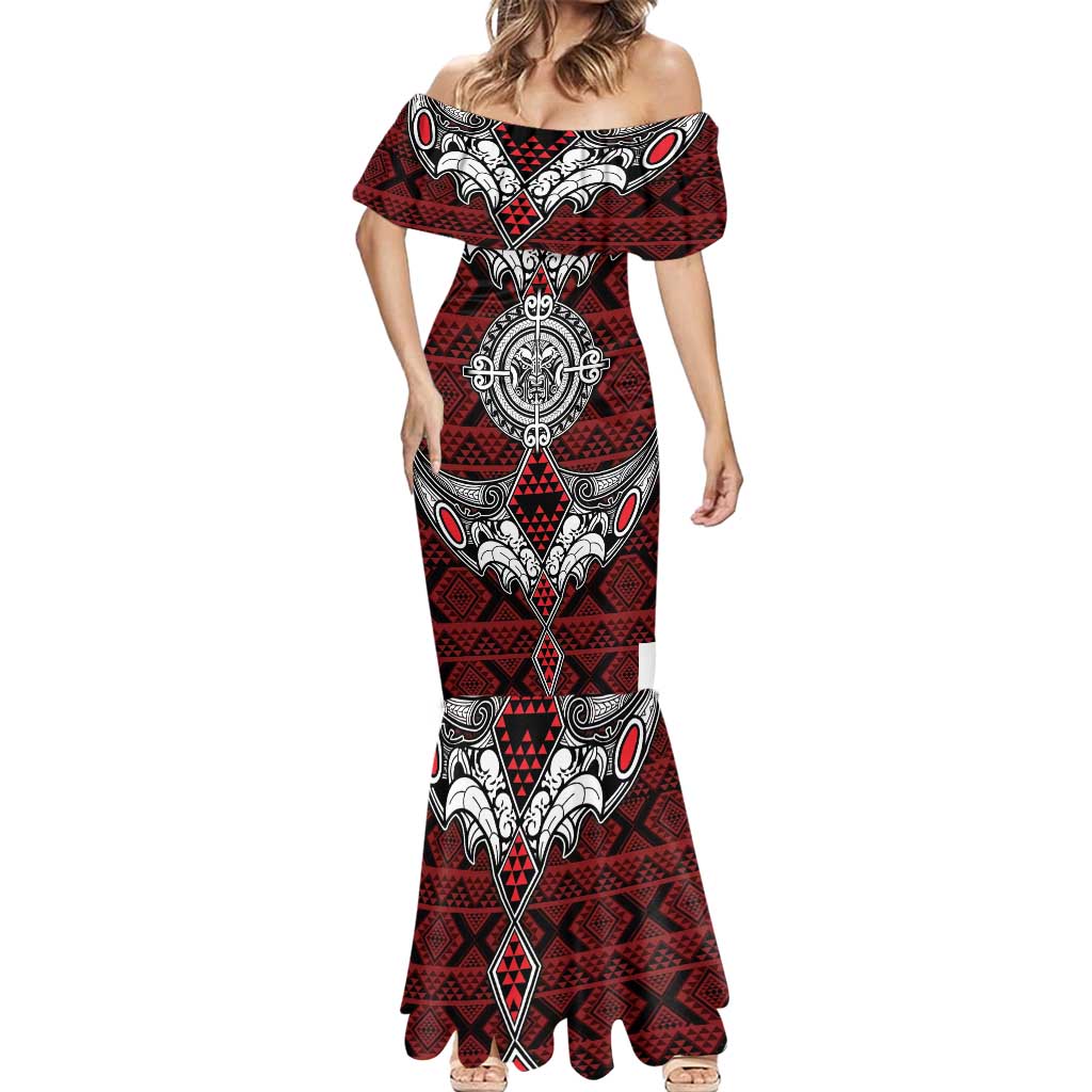 Red Aotearoa Tanilo Motif Mermaid Dress Vintage Maori New Zealand Tribal Art Pattern LT9 - Polynesian Pride
