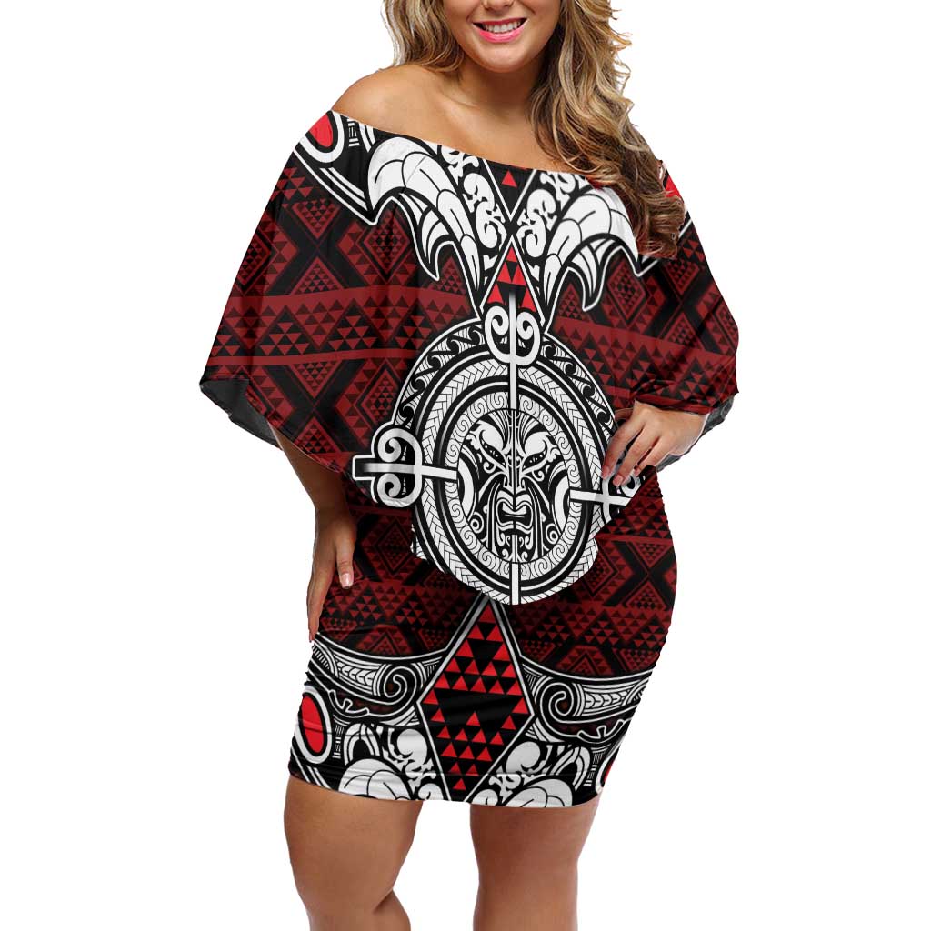 Red Aotearoa Tanilo Motif Off Shoulder Short Dress Vintage Maori New Zealand Tribal Art Pattern LT9 Women Red - Polynesian Pride
