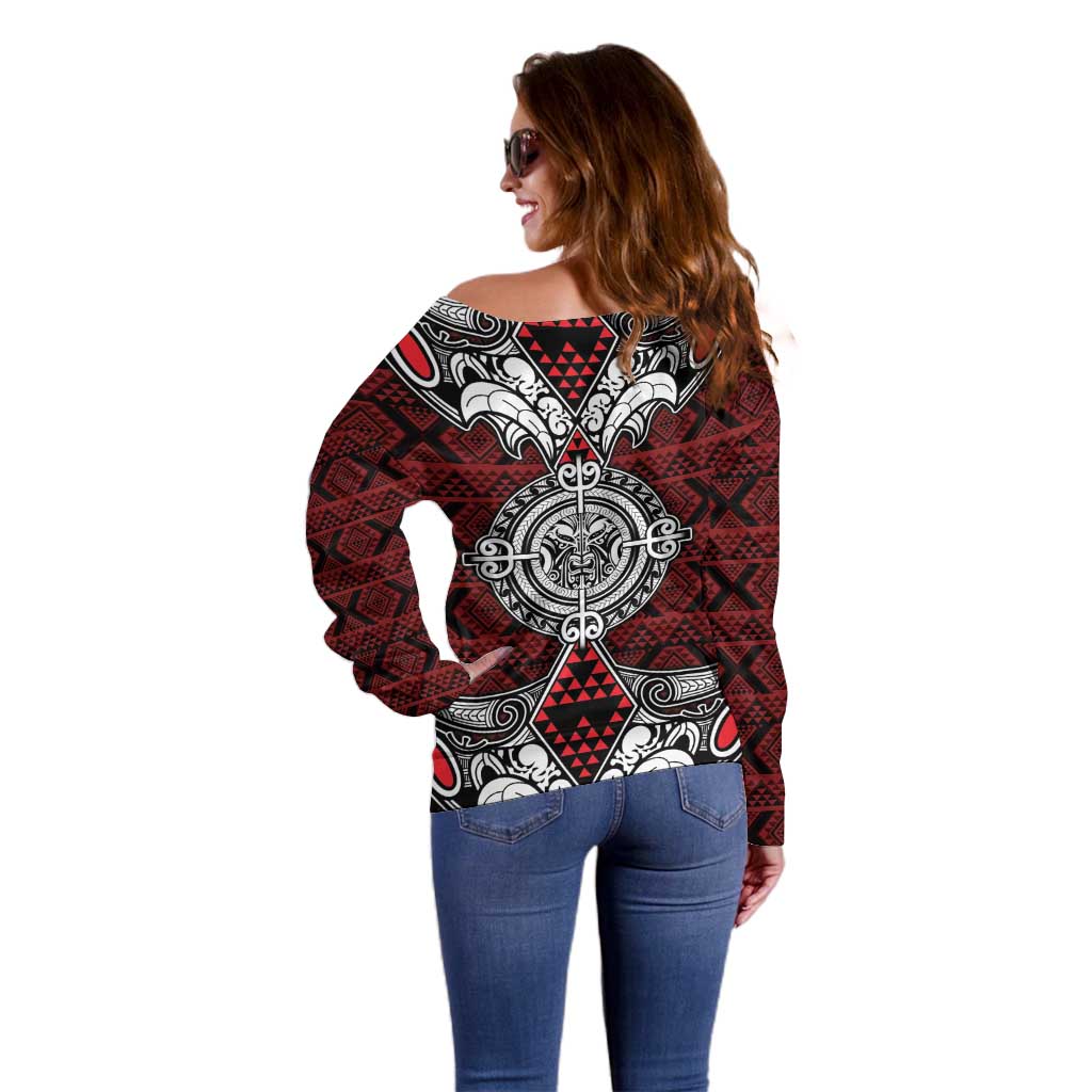 Red Aotearoa Tanilo Motif Off Shoulder Sweater Vintage Maori New Zealand Tribal Art Pattern LT9 - Polynesian Pride