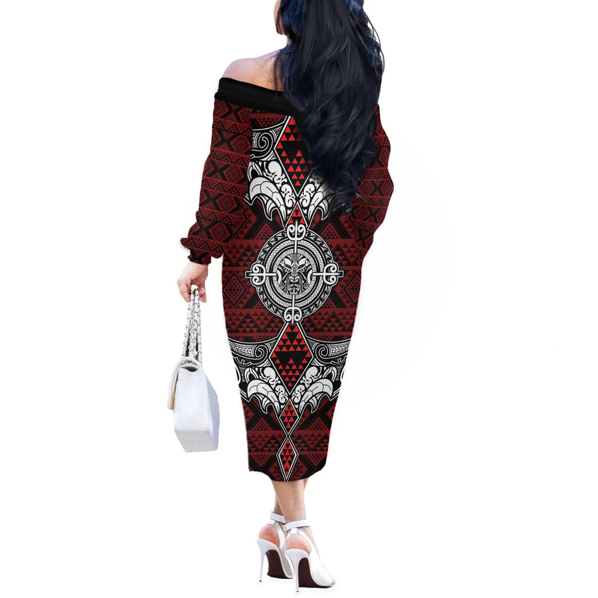 Red Aotearoa Tanilo Motif Off The Shoulder Long Sleeve Dress Vintage Maori New Zealand Tribal Art Pattern LT9 - Polynesian Pride