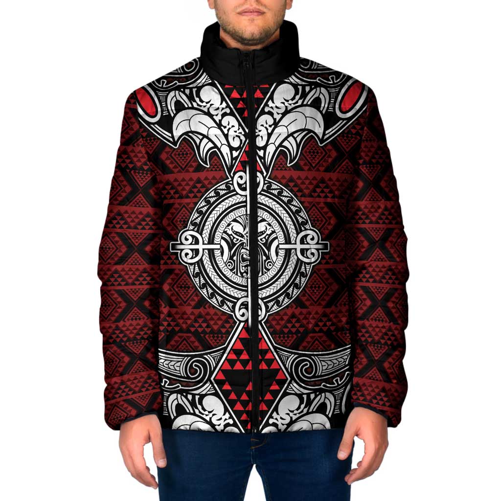 Red Aotearoa Taniko Motif Padded Jacket Vintage Maori New Zealand Tribal Art Pattern LT9 Men Red - Polynesian Pride