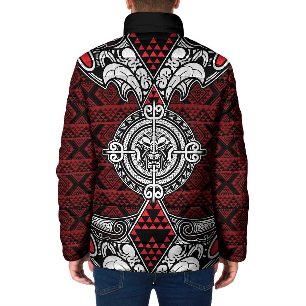 Red Aotearoa Taniko Motif Padded Jacket Vintage Maori New Zealand Tribal Art Pattern LT9 - Polynesian Pride