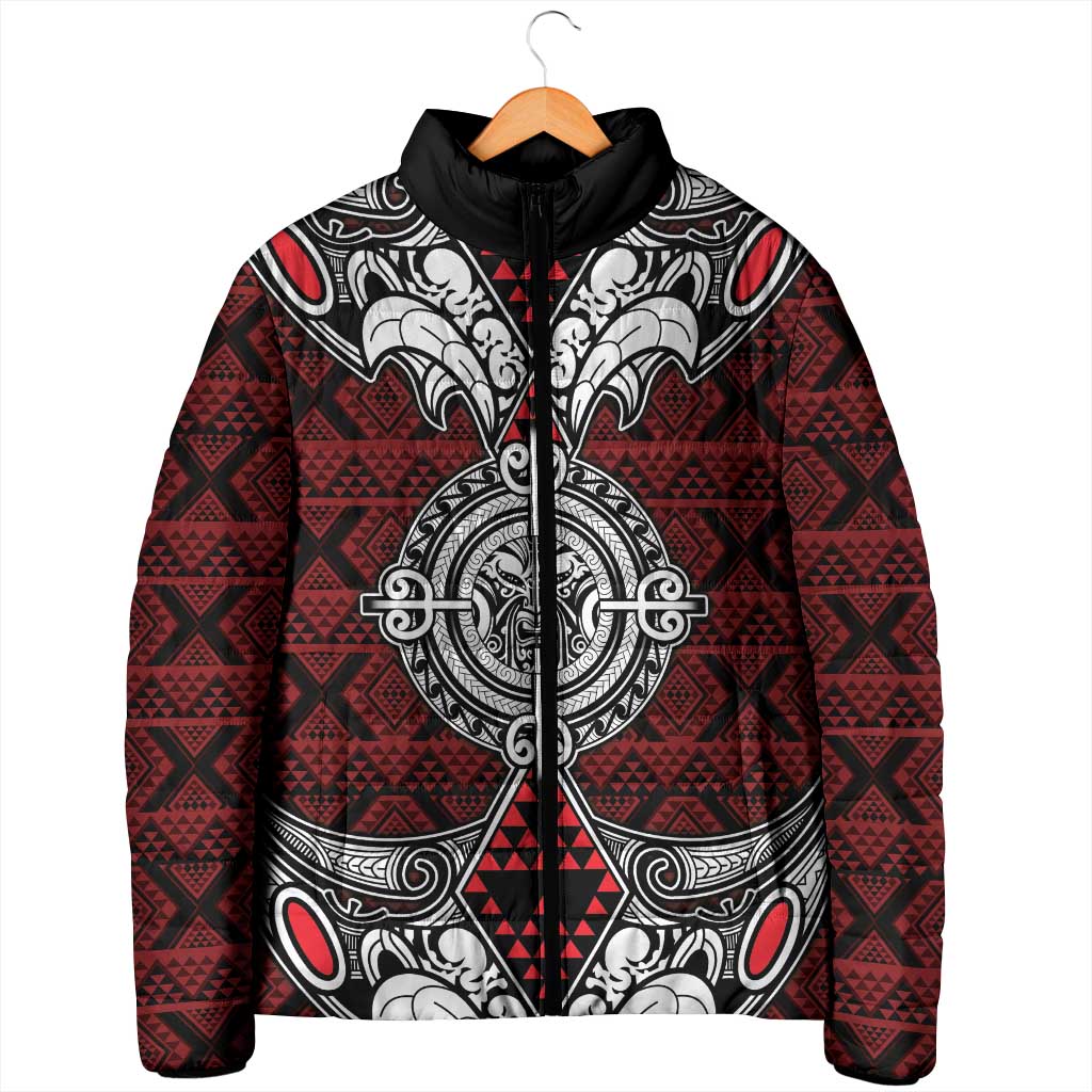 Red Aotearoa Taniko Motif Padded Jacket Vintage Maori New Zealand Tribal Art Pattern LT9 - Polynesian Pride