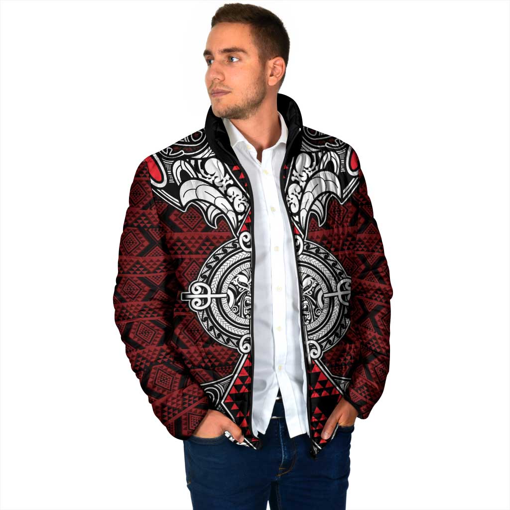 Red Aotearoa Taniko Motif Padded Jacket Vintage Maori New Zealand Tribal Art Pattern LT9 - Polynesian Pride