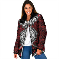 Red Aotearoa Taniko Motif Padded Jacket Vintage Maori New Zealand Tribal Art Pattern LT9 Women Red - Polynesian Pride
