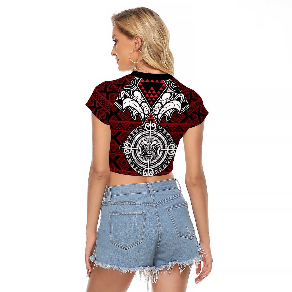 Red Aotearoa Tanilo Motif Raglan Cropped T Shirt Vintage Maori New Zealand Tribal Art Pattern LT9 - Polynesian Pride