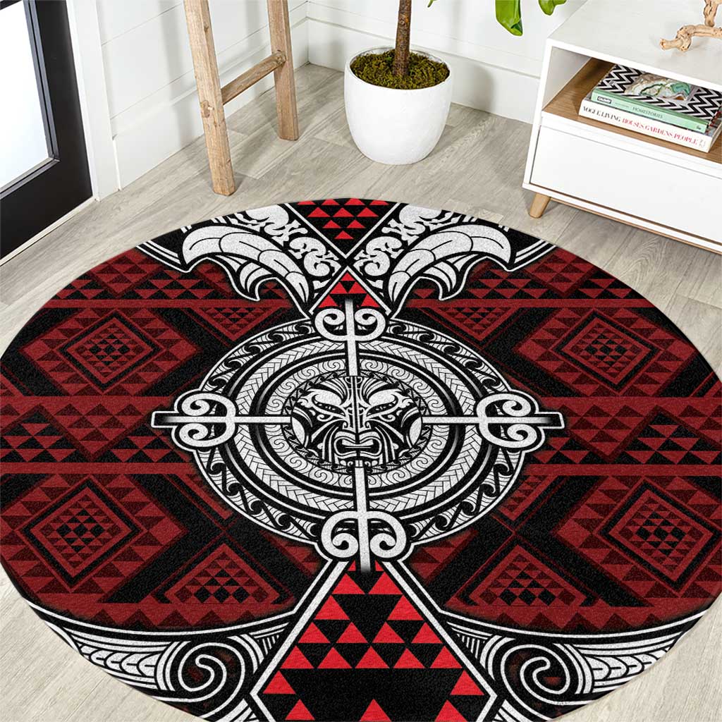 Red Aotearoa Taniko Motif Round Carpet Vintage Maori New Zealand Tribal Art Pattern LT9 Red - Polynesian Pride