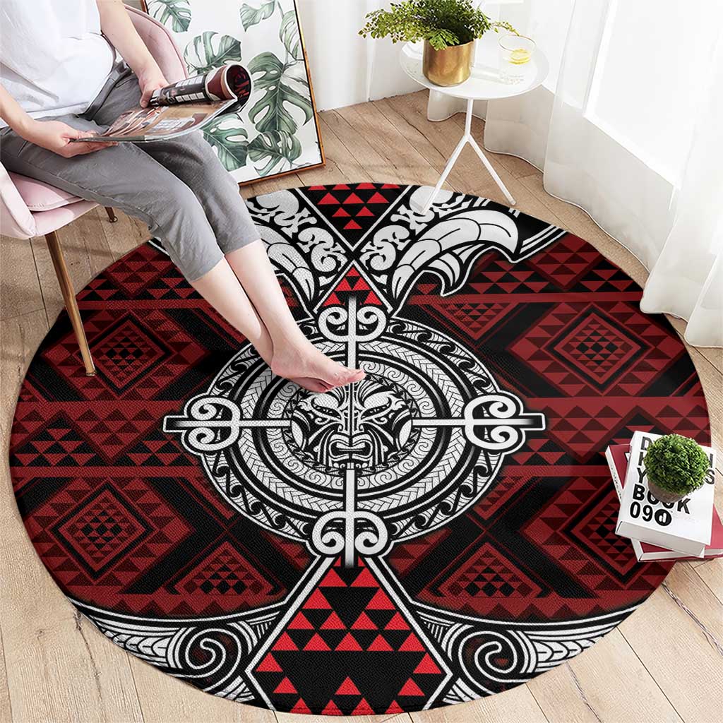Red Aotearoa Taniko Motif Round Carpet Vintage Maori New Zealand Tribal Art Pattern LT9 - Polynesian Pride