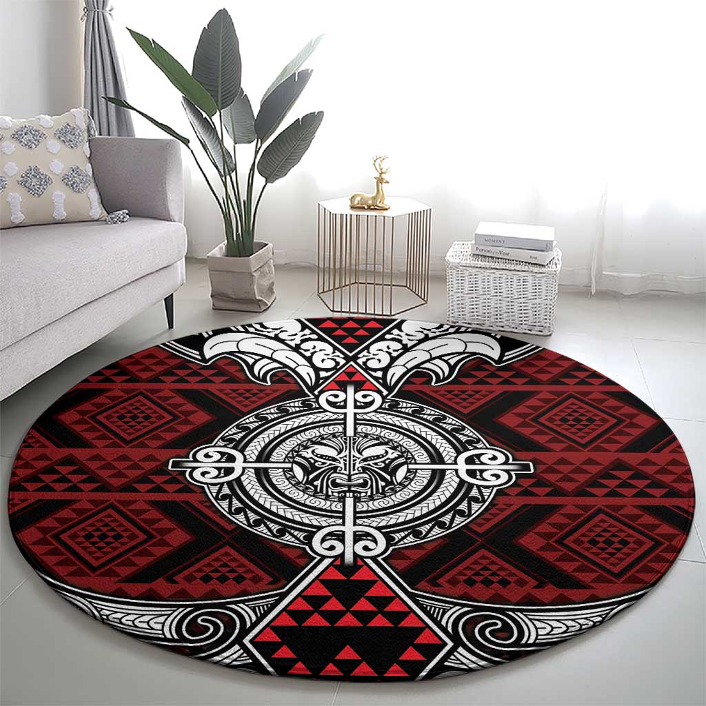 Red Aotearoa Taniko Motif Round Carpet Vintage Maori New Zealand Tribal Art Pattern LT9 - Polynesian Pride
