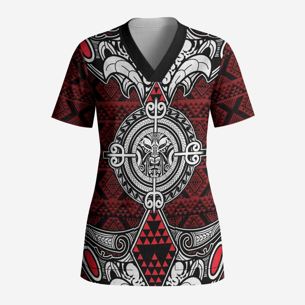 Red Aotearoa Taniko Motif Scrub Top Vintage Maori New Zealand Tribal Art Pattern LT9 Adult Red - Polynesian Pride