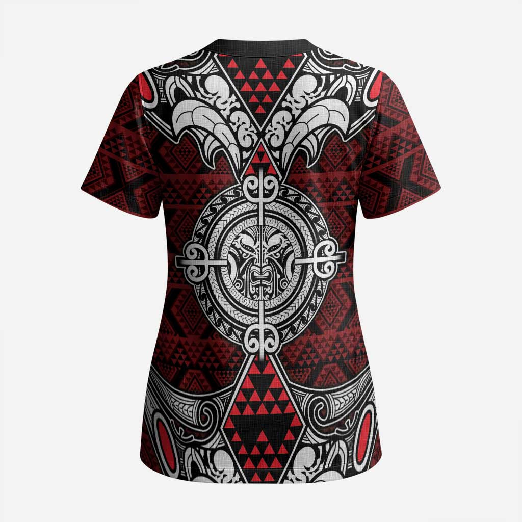 Red Aotearoa Taniko Motif Scrub Top Vintage Maori New Zealand Tribal Art Pattern LT9 - Polynesian Pride