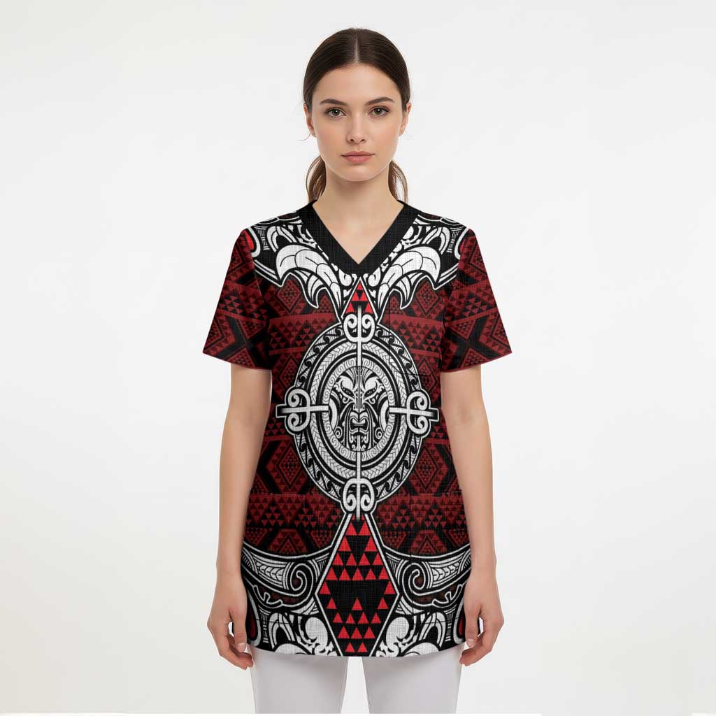 Red Aotearoa Taniko Motif Scrub Top Vintage Maori New Zealand Tribal Art Pattern LT9 - Polynesian Pride