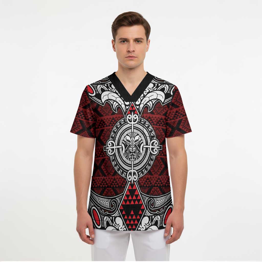 Red Aotearoa Taniko Motif Scrub Top Vintage Maori New Zealand Tribal Art Pattern LT9 - Polynesian Pride