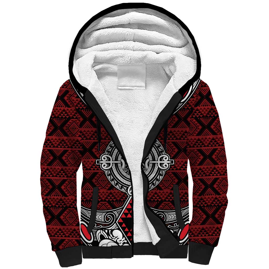 Red Aotearoa Tanilo Motif Sherpa Hoodie Vintage Maori New Zealand Tribal Art Pattern LT9 Unisex Red - Polynesian Pride