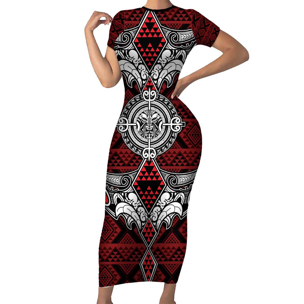 Red Aotearoa Tanilo Motif Short Sleeve Bodycon Dress Vintage Maori New Zealand Tribal Art Pattern LT9 Long Dress Red - Polynesian Pride