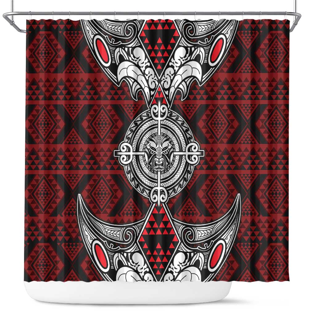 Red Aotearoa Taniko Motif Shower Curtain Vintage Maori New Zealand Tribal Art Pattern LT9 Red - Polynesian Pride