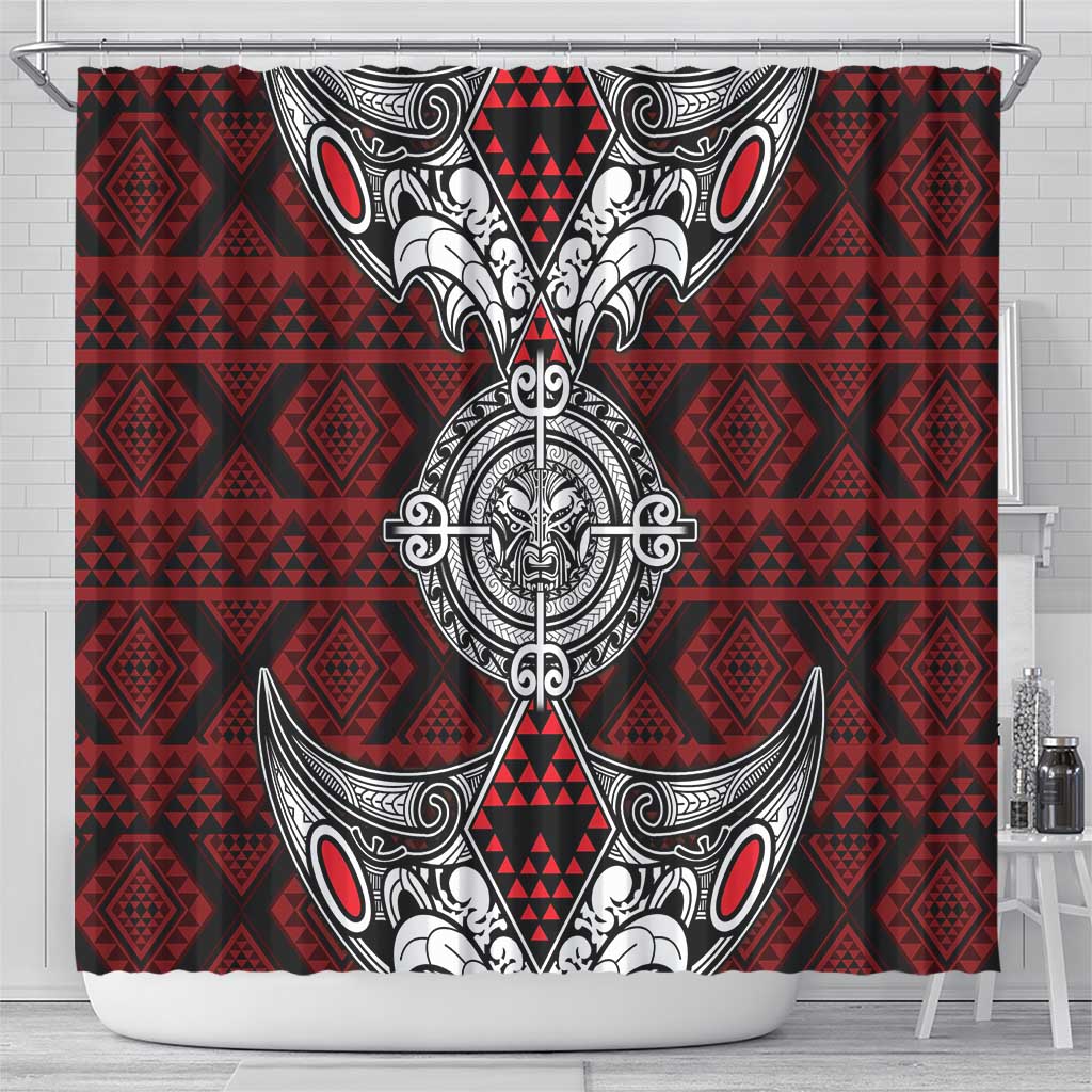 Red Aotearoa Taniko Motif Shower Curtain Vintage Maori New Zealand Tribal Art Pattern LT9 - Polynesian Pride