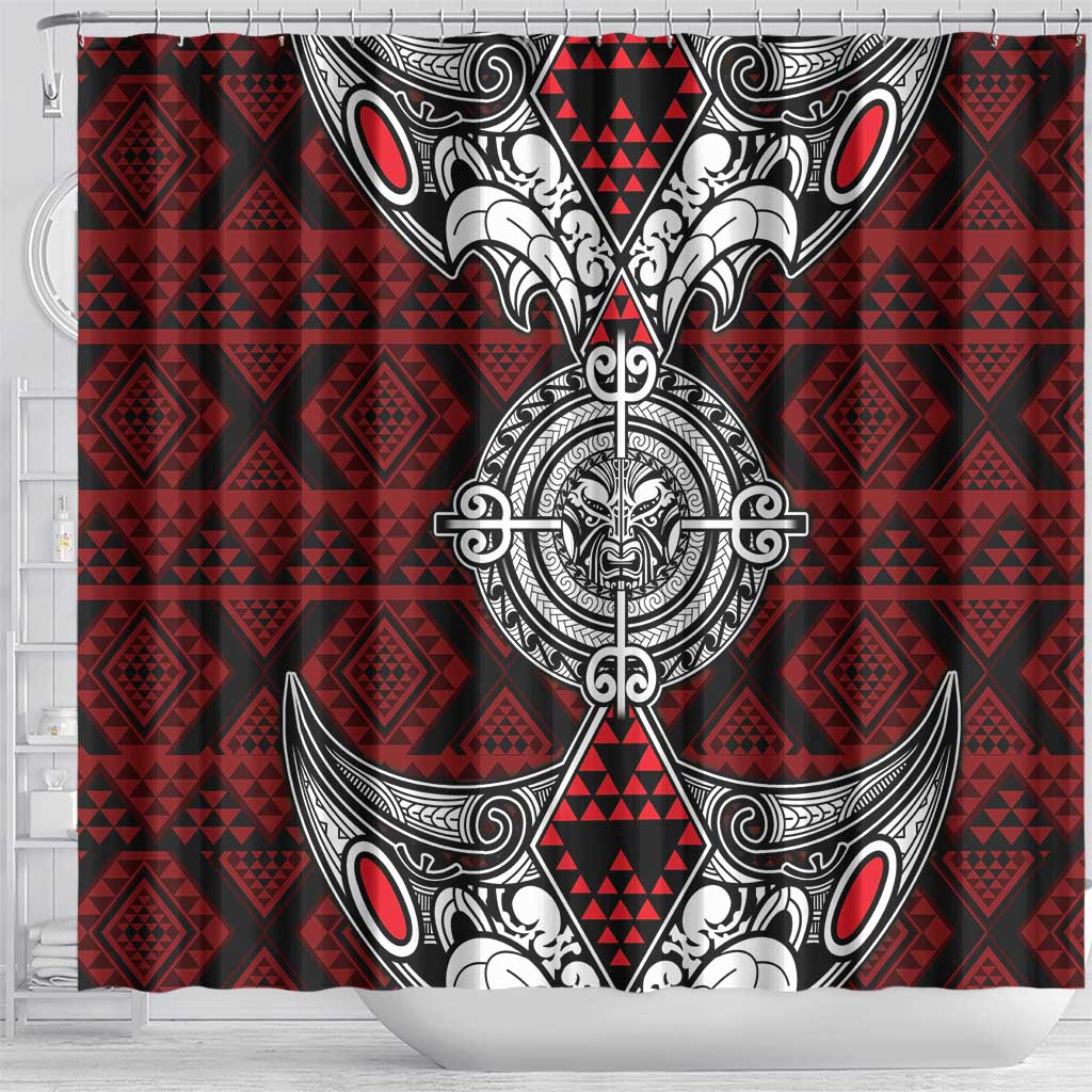Red Aotearoa Taniko Motif Shower Curtain Vintage Maori New Zealand Tribal Art Pattern LT9 - Polynesian Pride