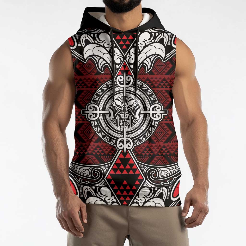 Red Aotearoa Taniko Motif Sleeveless Hoodie Vintage Maori New Zealand Tribal Art Pattern LT9 - Polynesian Pride