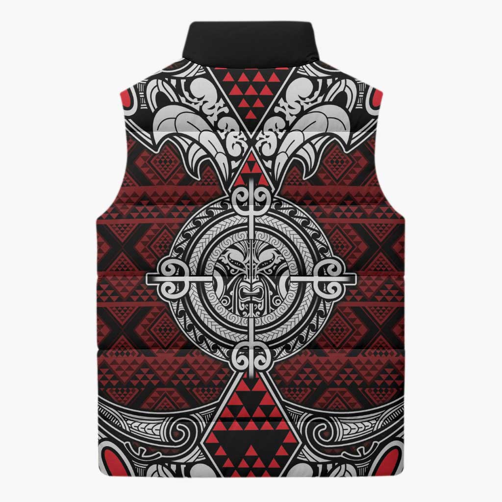 Red Aotearoa Taniko Motif Sleeveless Puffer Jacket Vintage Maori New Zealand Tribal Art Pattern LT9 - Polynesian Pride