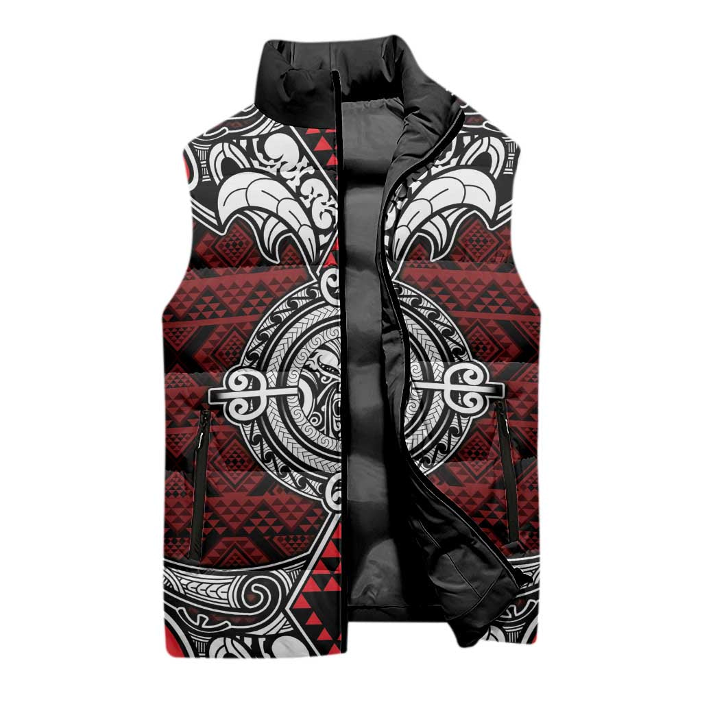 Red Aotearoa Taniko Motif Sleeveless Puffer Jacket Vintage Maori New Zealand Tribal Art Pattern LT9 - Polynesian Pride