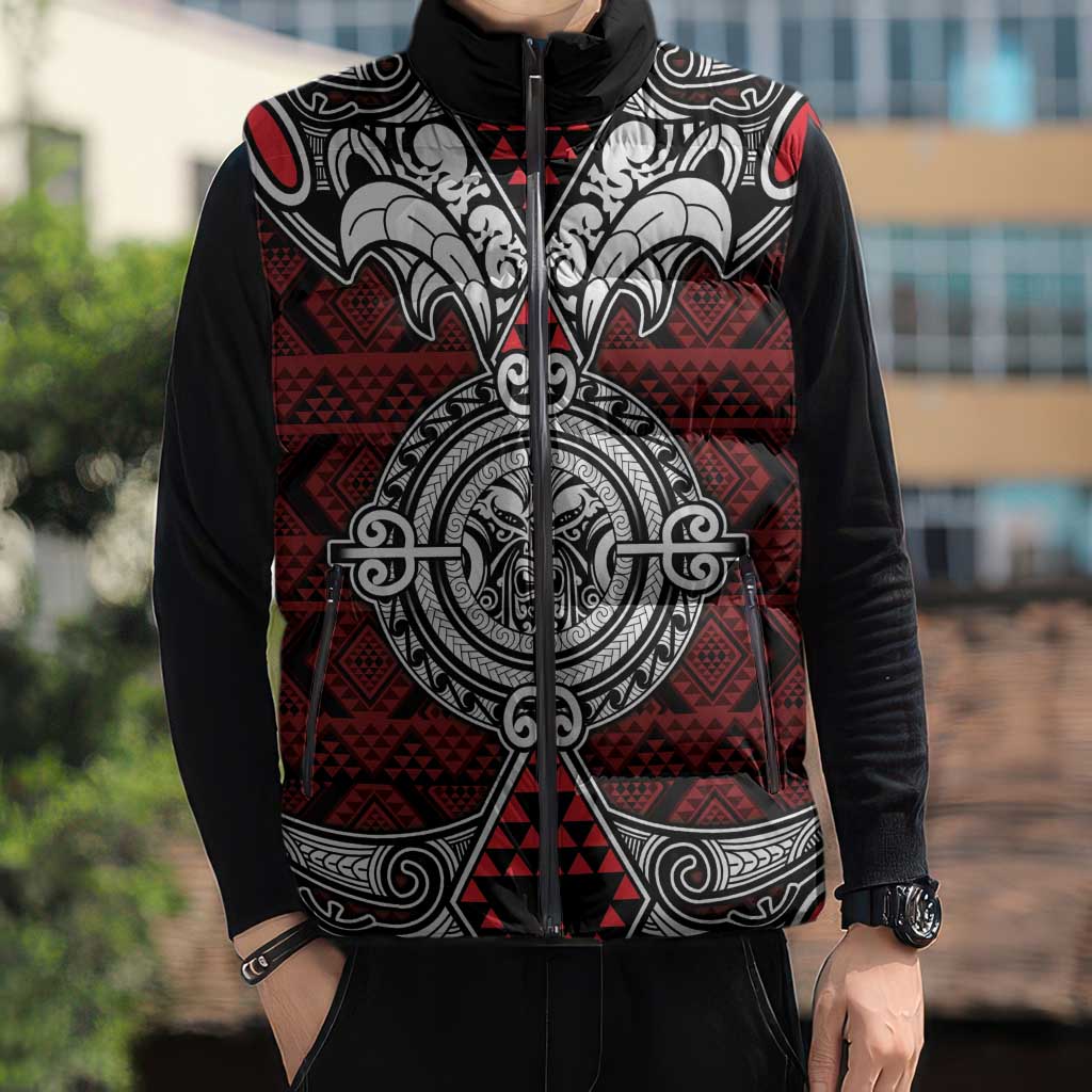 Red Aotearoa Taniko Motif Sleeveless Puffer Jacket Vintage Maori New Zealand Tribal Art Pattern LT9 - Polynesian Pride