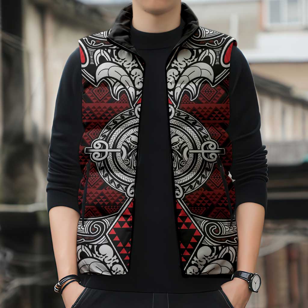 Red Aotearoa Taniko Motif Sleeveless Puffer Jacket Vintage Maori New Zealand Tribal Art Pattern LT9 - Polynesian Pride