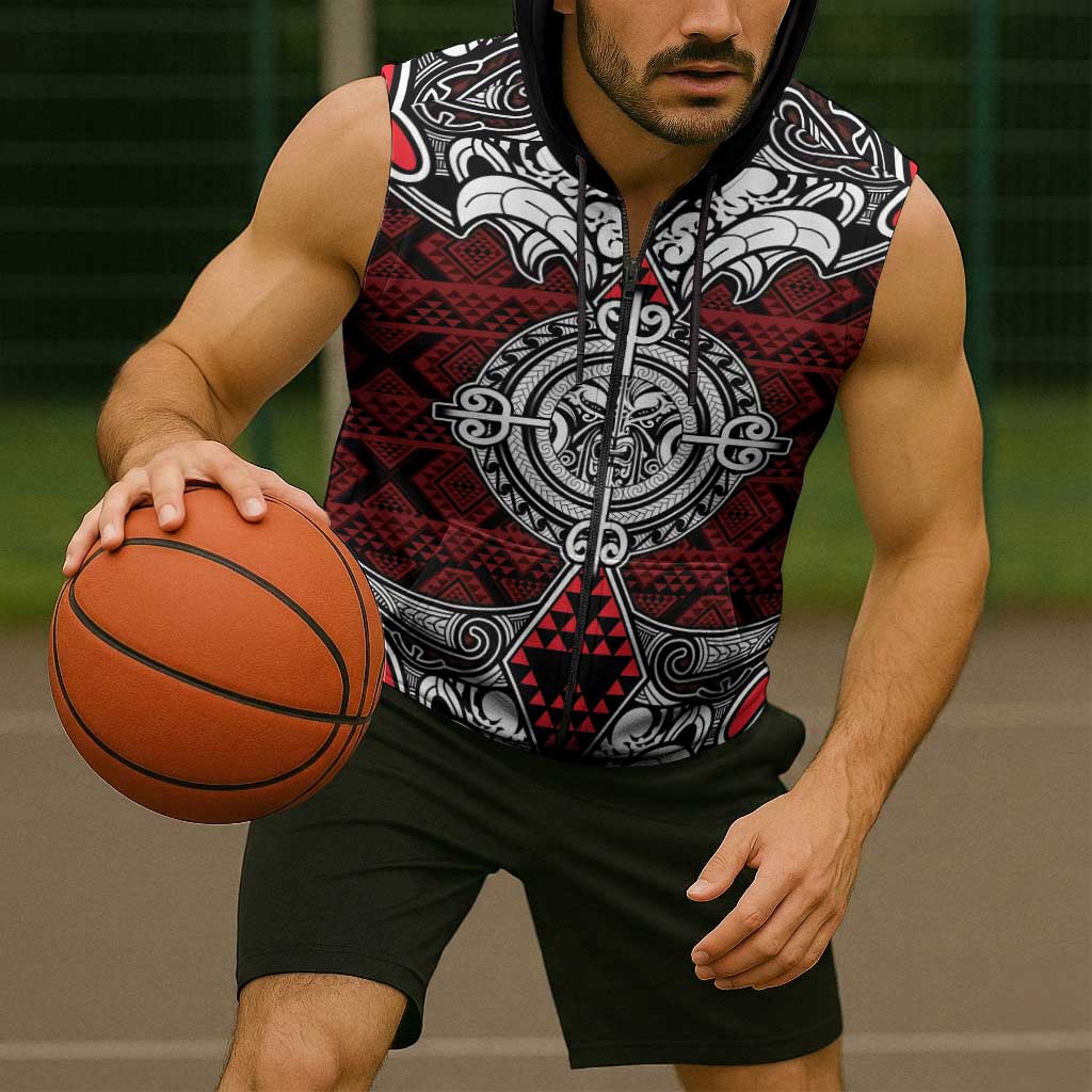Red Aotearoa Taniko Motif Sleeveless Zip Hoodie Vintage Maori New Zealand Tribal Art Pattern LT9 - Polynesian Pride
