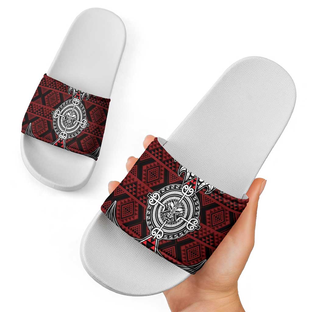 Red Aotearoa Taniko Motif Slide Sandals Vintage Maori New Zealand Tribal Art Pattern LT9 - Polynesian Pride