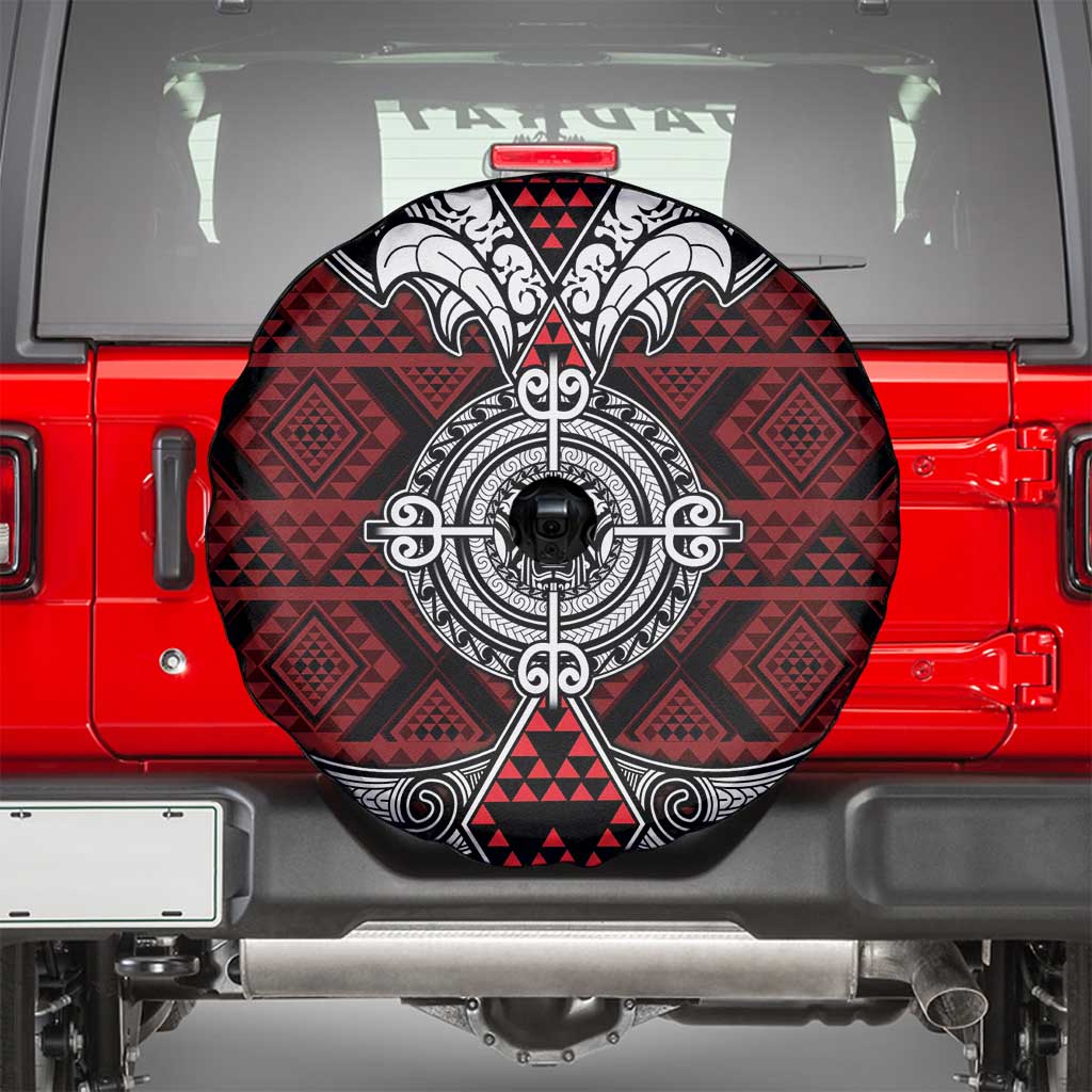Red Aotearoa Taniko Motif Spare Tire Cover Vintage Maori New Zealand Tribal Art Pattern LT9 - Polynesian Pride