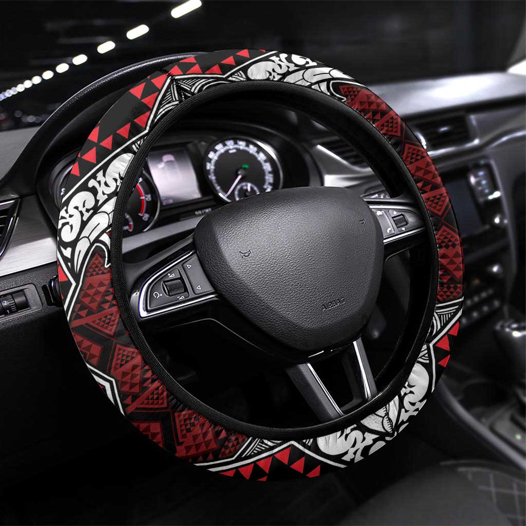 Red Aotearoa Taniko Motif Steering Wheel Cover Vintage Maori New Zealand Tribal Art Pattern LT9 Universal Fit Red - Polynesian Pride