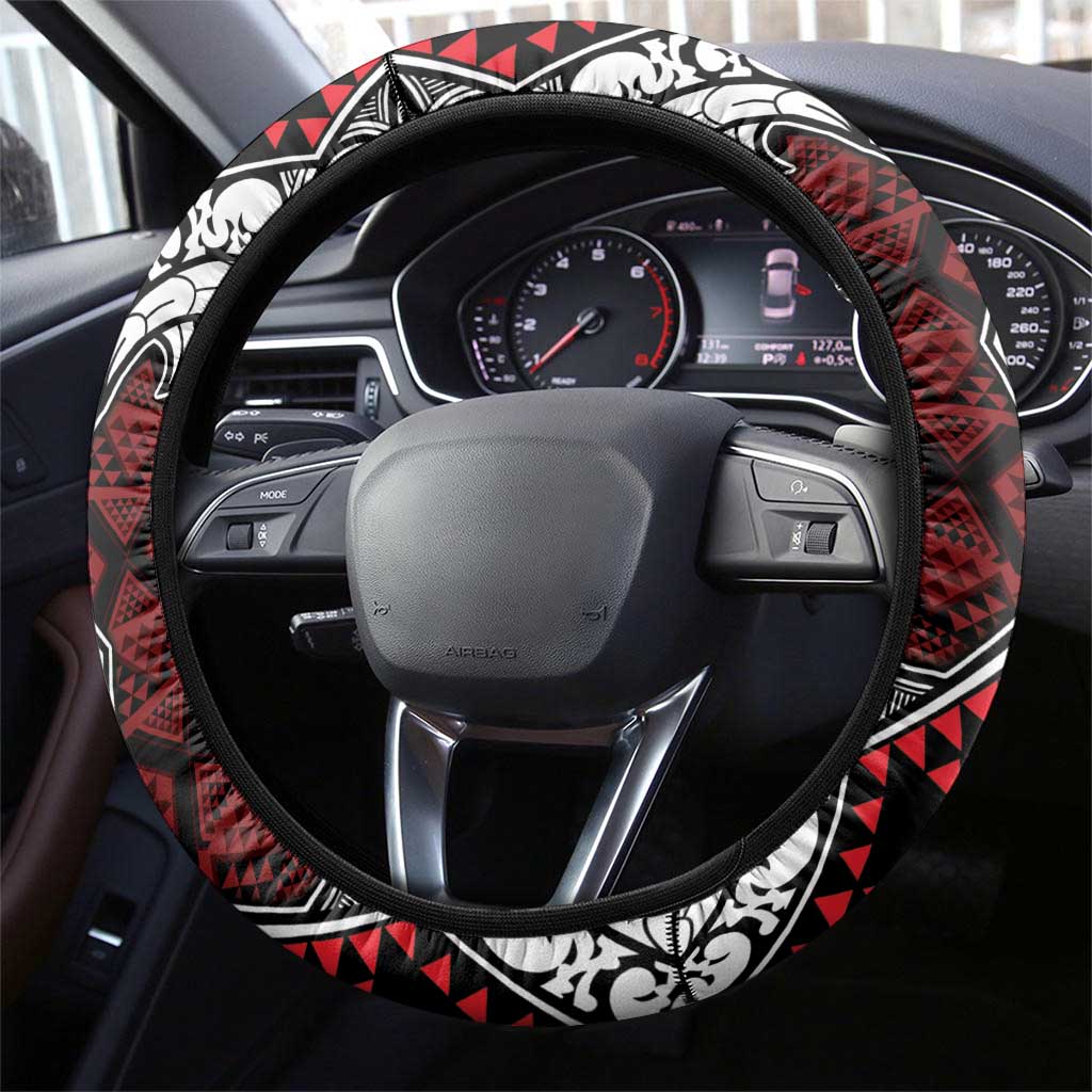 Red Aotearoa Taniko Motif Steering Wheel Cover Vintage Maori New Zealand Tribal Art Pattern LT9 - Polynesian Pride
