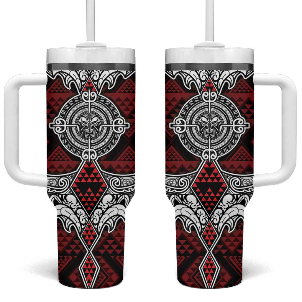 Red Aotearoa Taniko Motif Tumbler With Handle Vintage Maori New Zealand Tribal Art Pattern LT9 One Size: 40 oz Red - Polynesian Pride